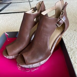 Brown Peep-Toe Wedge Sandals
